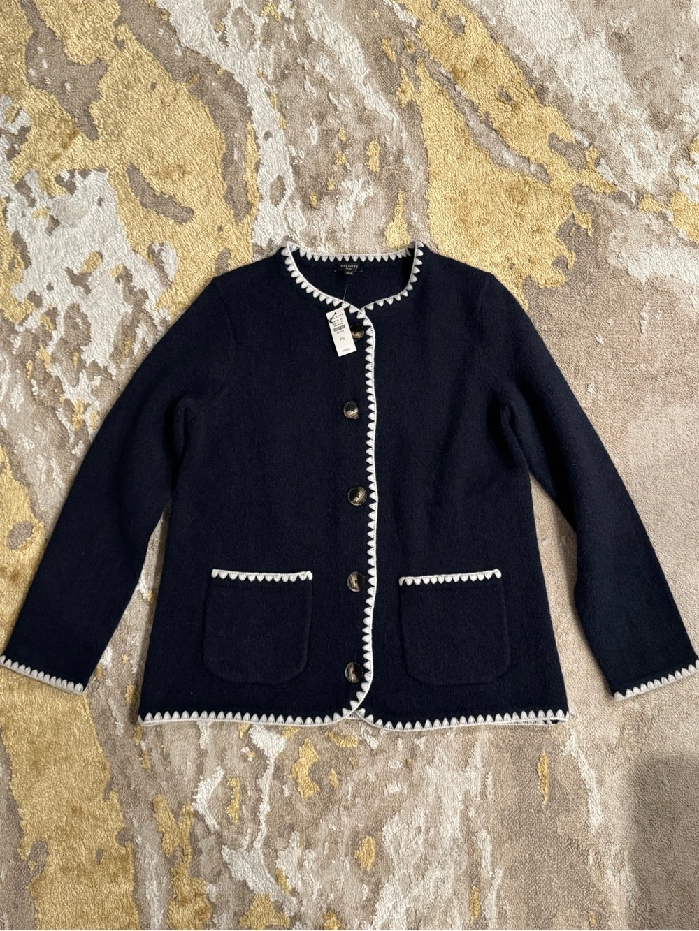 Brand New Navy Cardigan Sweater with White Trim Detail